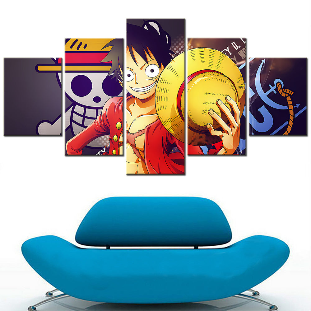 One Piece Canvas Wall Art - Monkey D. Luffy 5 Piece Split Panel Anime Poster - Framed Ready to Hang Living Room & Man Cave Decor - OP5146