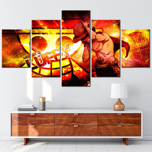 One Piece Canvas Wall Art - Monkey D. Luffy 5 Piece Split Panel Anime Poster - Framed Ready to Hang Living Room & Man Cave Decor - OP5147