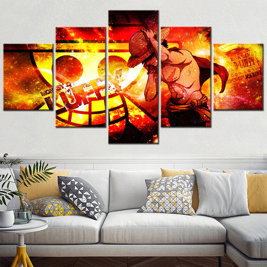 One Piece Canvas Wall Art - Monkey D. Luffy 5 Piece Split Panel Anime Poster - Framed Ready to Hang Living Room & Man Cave Decor - OP5147