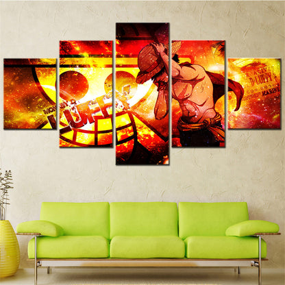 One Piece Canvas Wall Art - Monkey D. Luffy 5 Piece Split Panel Anime Poster - Framed Ready to Hang Living Room & Man Cave Decor - OP5147