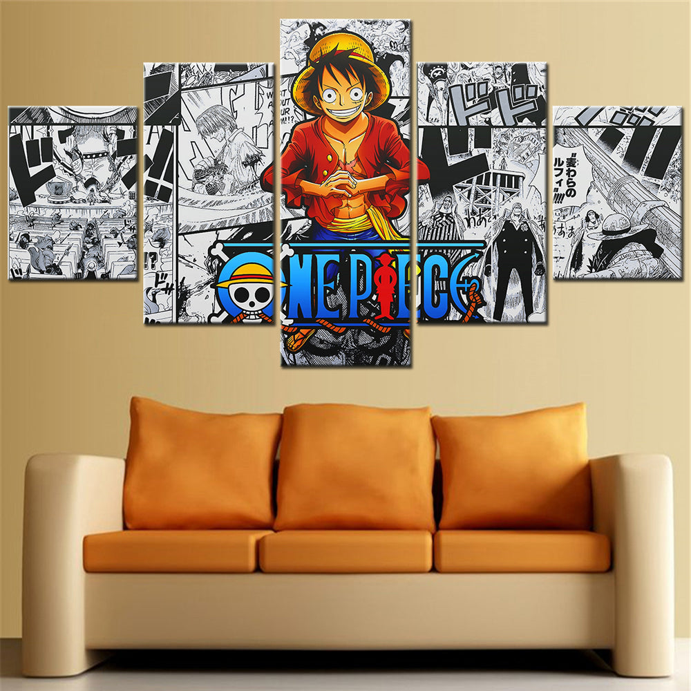One Piece Canvas Wall Art - Monkey D. Luffy 5 Piece Split Panel Anime Poster - Framed Ready to Hang Living Room & Man Cave Decor - OP5148