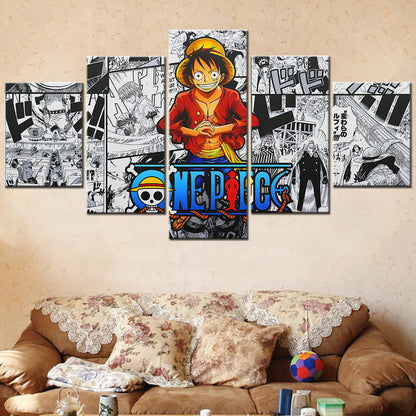 One Piece Canvas Wall Art - Monkey D. Luffy 5 Piece Split Panel Anime Poster - Framed Ready to Hang Living Room & Man Cave Decor - OP5148