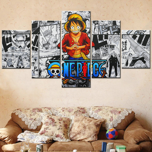One Piece Canvas Wall Art - Monkey D. Luffy 5 Piece Split Panel Anime Poster - Framed Ready to Hang Living Room & Man Cave Decor - OP5148