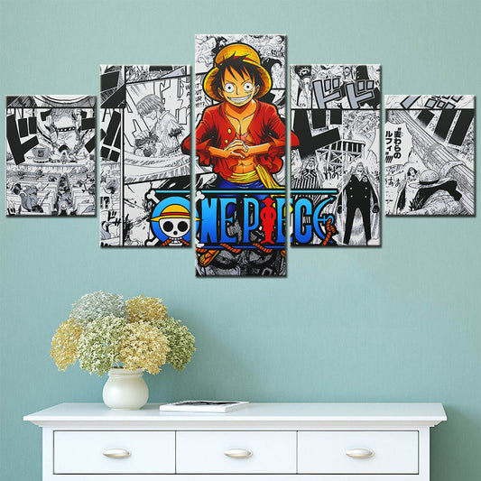 One Piece Canvas Wall Art - Monkey D. Luffy 5 Piece Split Panel Anime Poster - Framed Ready to Hang Living Room & Man Cave Decor - OP5148