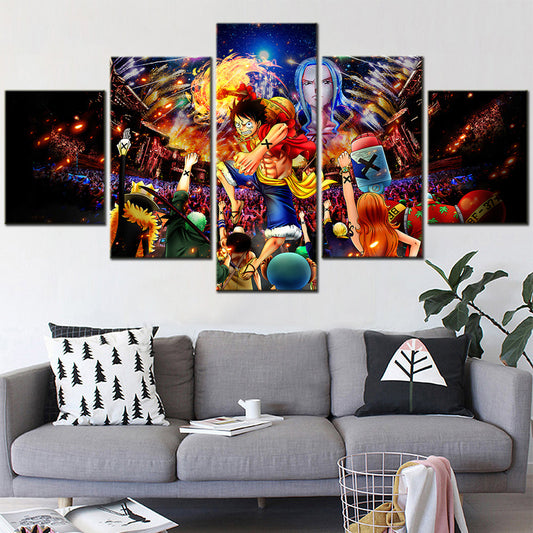 One Piece Canvas Wall Art - Monkey D. Luffy 5 Piece Split Panel Anime Poster - Framed Ready to Hang Living Room & Man Cave Decor - OP5149