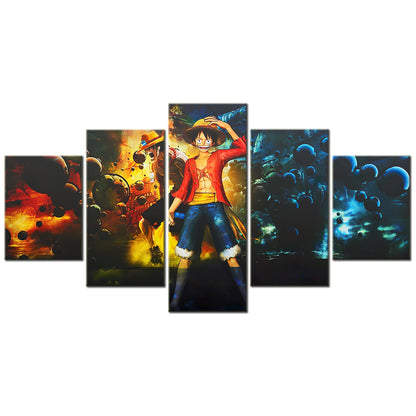 One Piece Canvas Wall Art - Luffy & ACE 5 Piece Split Panel Anime Poster - Framed Ready to Hang Living Room & Man Cave Decor - OP5150