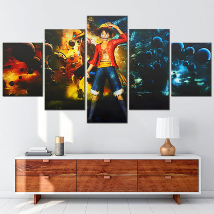 One Piece Canvas Wall Art - Luffy & ACE 5 Piece Split Panel Anime Poster - Framed Ready to Hang Living Room & Man Cave Decor - OP5150