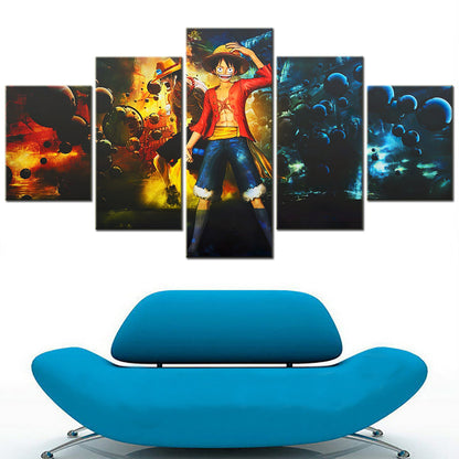 One Piece Canvas Wall Art - Luffy & ACE 5 Piece Split Panel Anime Poster - Framed Ready to Hang Living Room & Man Cave Decor - OP5150