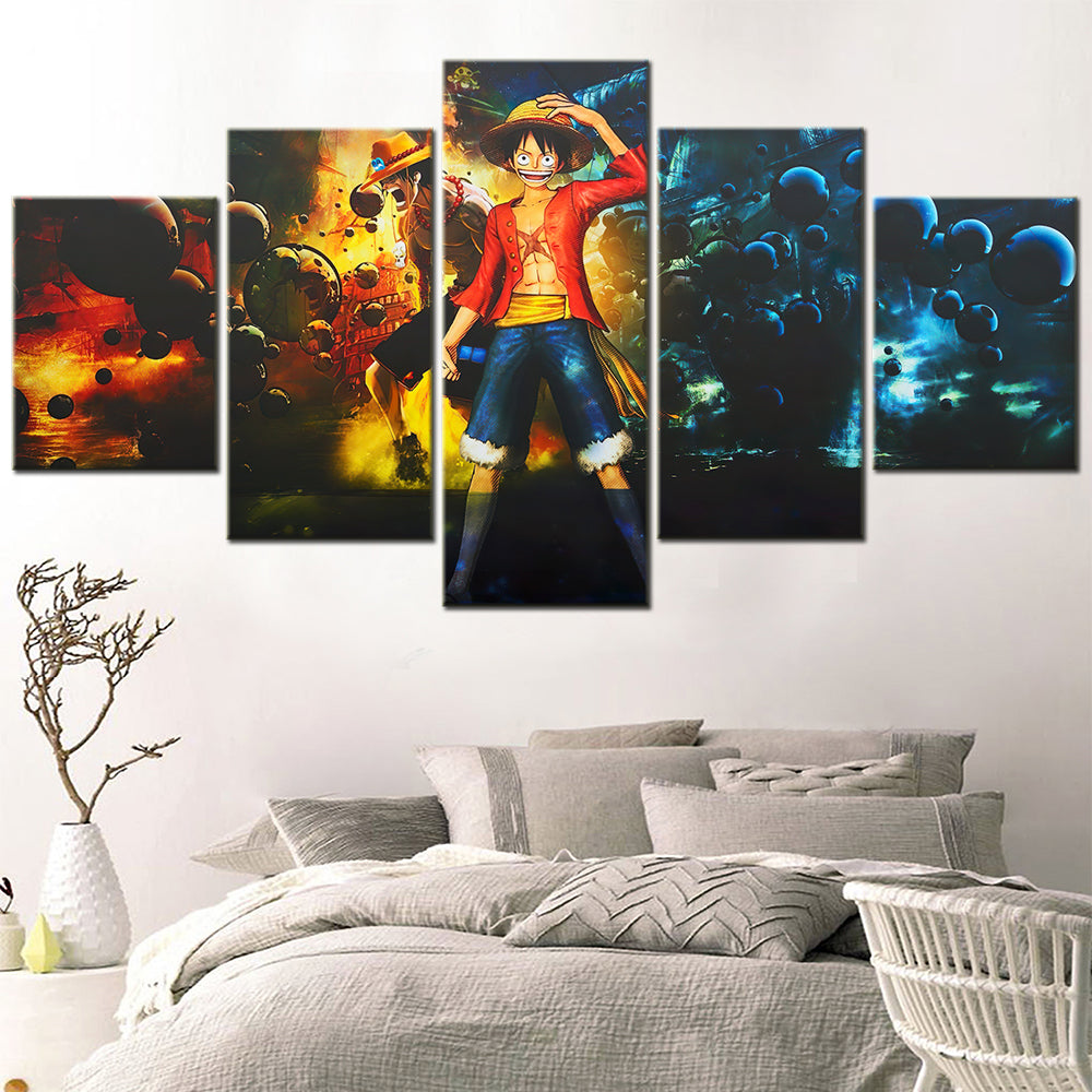 One Piece Canvas Wall Art - Luffy & ACE 5 Piece Split Panel Anime Poster - Framed Ready to Hang Living Room & Man Cave Decor - OP5150
