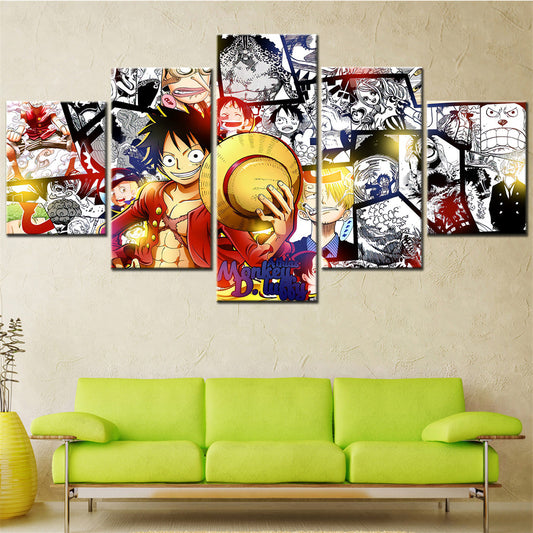 One Piece Canvas Wall Art - Monkey D. Luffy 5 Piece Split Panel Anime Poster - Framed Ready to Hang Living Room & Man Cave Decor - OP5151