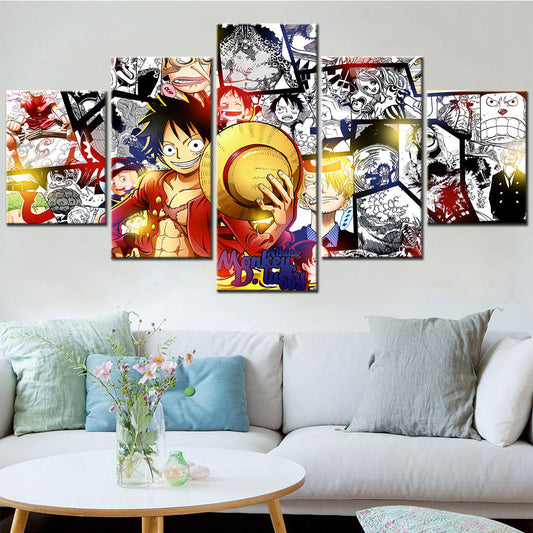 One Piece Canvas Wall Art - Monkey D. Luffy 5 Piece Split Panel Anime Poster - Framed Ready to Hang Living Room & Man Cave Decor - OP5151