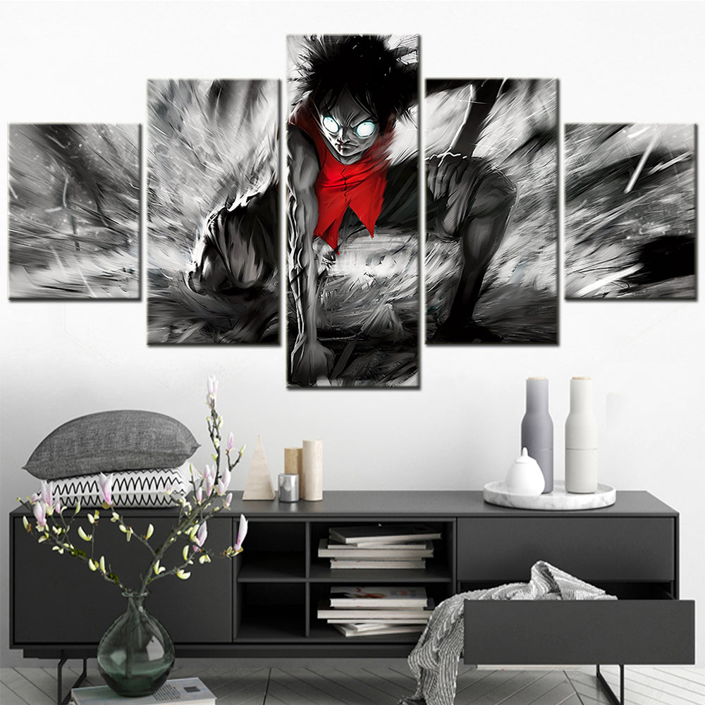 One Piece Canvas Wall Art - Gear Fourth Luffy Unleashed 5 Piece Split Panel Anime Poster - Framed Ready to Hang Living Room & Man Cave Decor - OP5152