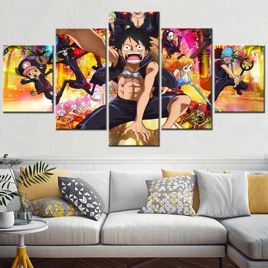 One Piece Canvas Wall Art - Monkey D. Luffy 5 Piece Split Panel Anime Poster - Framed Ready to Hang Living Room & Man Cave Decor - OP5153