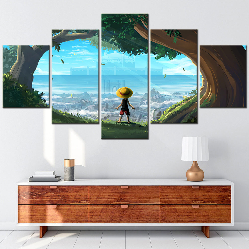 One Piece Canvas Wall Art - Monkey D. Luffy 5 Piece Split Panel Anime Poster - Framed Ready to Hang Living Room & Man Cave Decor - OP5154