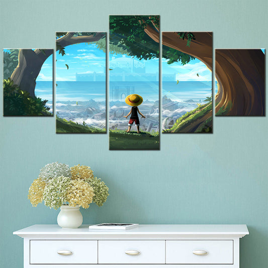 One Piece Canvas Wall Art - Monkey D. Luffy 5 Piece Split Panel Anime Poster - Framed Ready to Hang Living Room & Man Cave Decor - OP5154