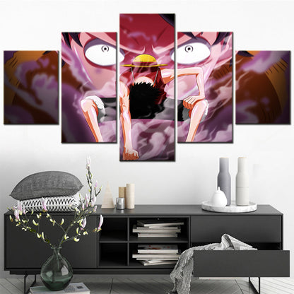 One Piece Canvas Wall Art - Gear Fourth Luffy Unleashed 5 Piece Split Panel Anime Poster - Framed Ready to Hang Living Room & Man Cave Decor - OP5155