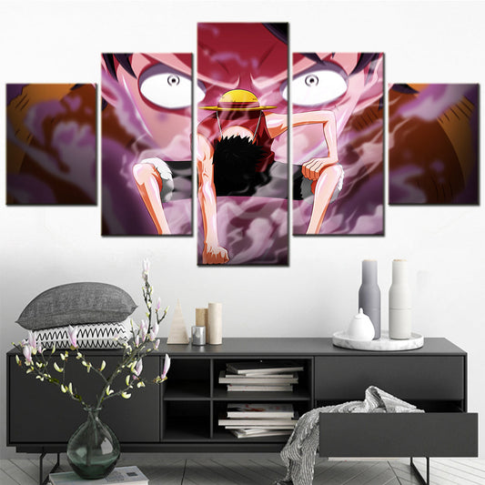 One Piece Canvas Wall Art - Gear Fourth Luffy Unleashed 5 Piece Split Panel Anime Poster - Framed Ready to Hang Living Room & Man Cave Decor - OP5155