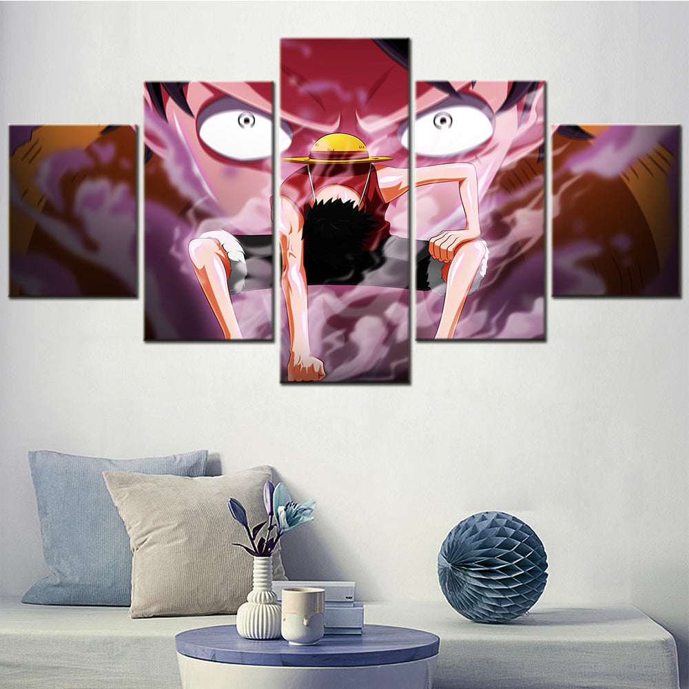 One Piece Canvas Wall Art - Gear Fourth Luffy Unleashed 5 Piece Split Panel Anime Poster - Framed Ready to Hang Living Room & Man Cave Decor - OP5155