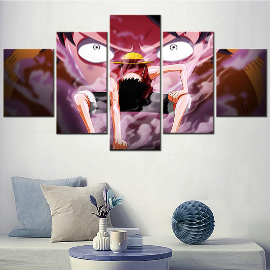 One Piece Canvas Wall Art - Gear Fourth Luffy Unleashed 5 Piece Split Panel Anime Poster - Framed Ready to Hang Living Room & Man Cave Decor - OP5155