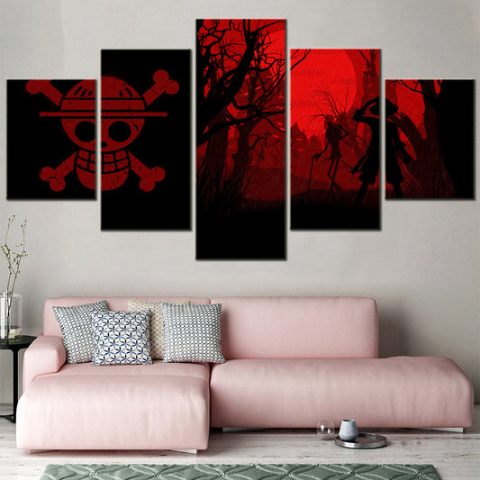 One Piece Canvas Wall Art - Monkey D. Luffy 5 Piece Split Panel Anime Poster - Framed Ready to Hang Living Room & Man Cave Decor - OP5156