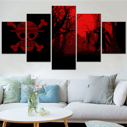 One Piece Canvas Wall Art - Monkey D. Luffy 5 Piece Split Panel Anime Poster - Framed Ready to Hang Living Room & Man Cave Decor - OP5156
