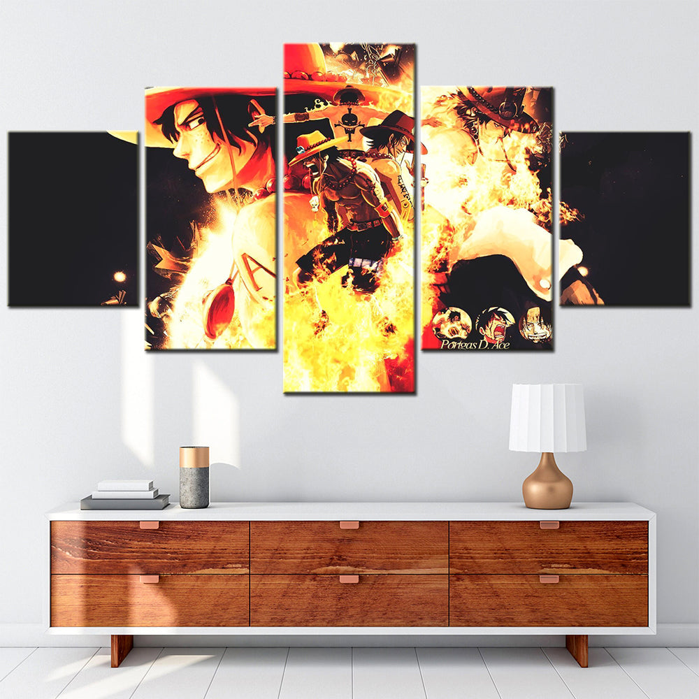 One Piece Canvas Wall Art - Fire Fist Ace 5 Piece Split Panel Anime Poster - Framed Ready to Hang Living Room & Man Cave Decor - OP5158