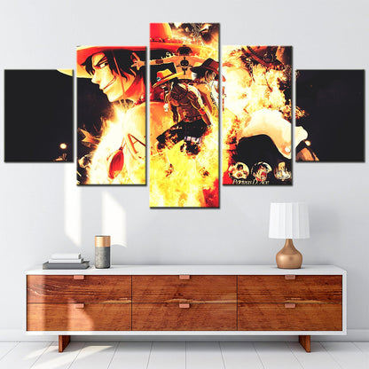 One Piece Canvas Wall Art - Fire Fist Ace 5 Piece Split Panel Anime Poster - Framed Ready to Hang Living Room & Man Cave Decor - OP5158