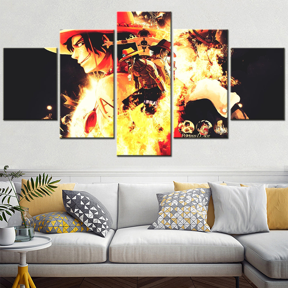 One Piece Canvas Wall Art - Fire Fist Ace 5 Piece Split Panel Anime Poster - Framed Ready to Hang Living Room & Man Cave Decor - OP5158