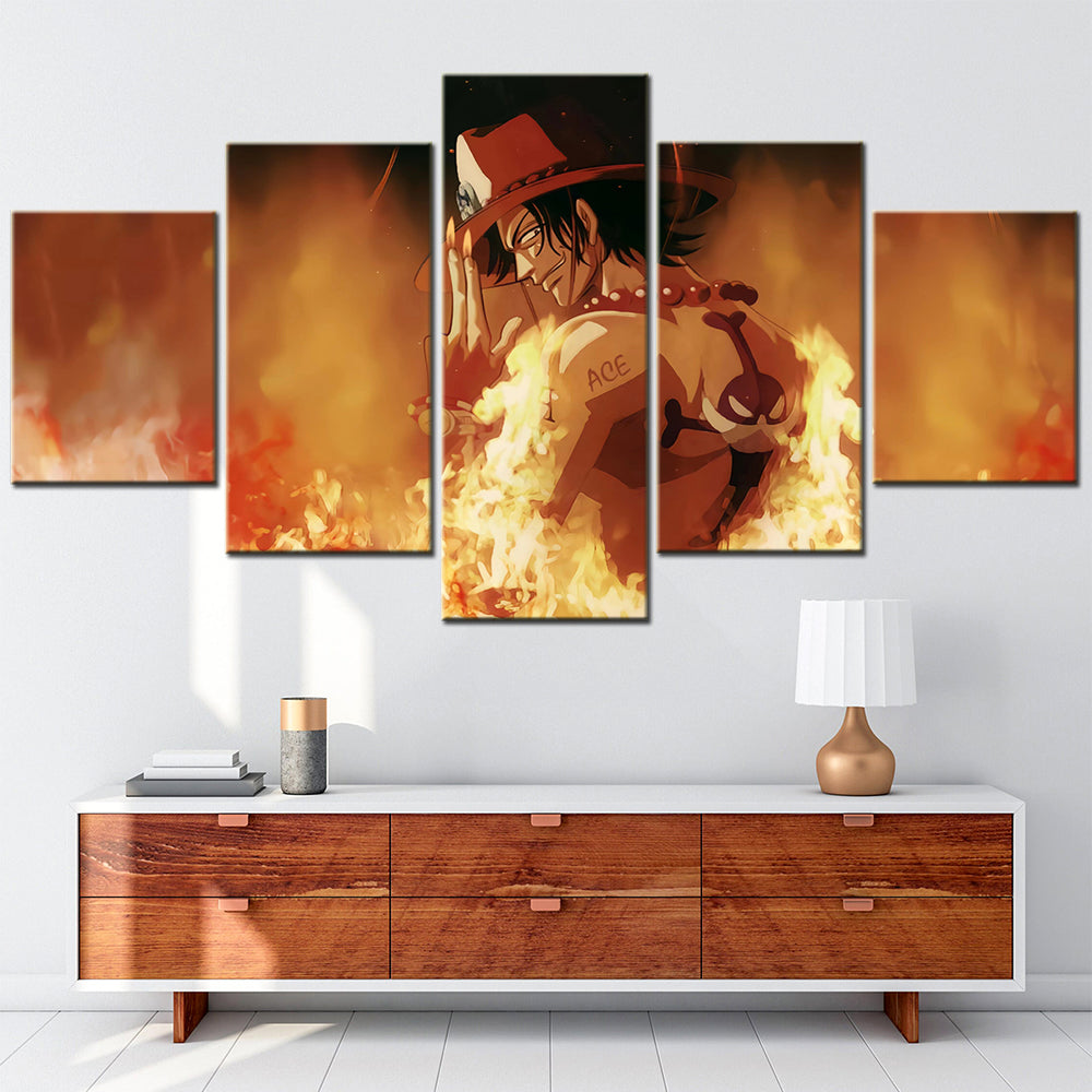 One Piece Canvas Wall Art - Fire Fist Ace 5 Piece Split Panel Anime Poster - Framed Ready to Hang Living Room & Man Cave Decor - OP5159