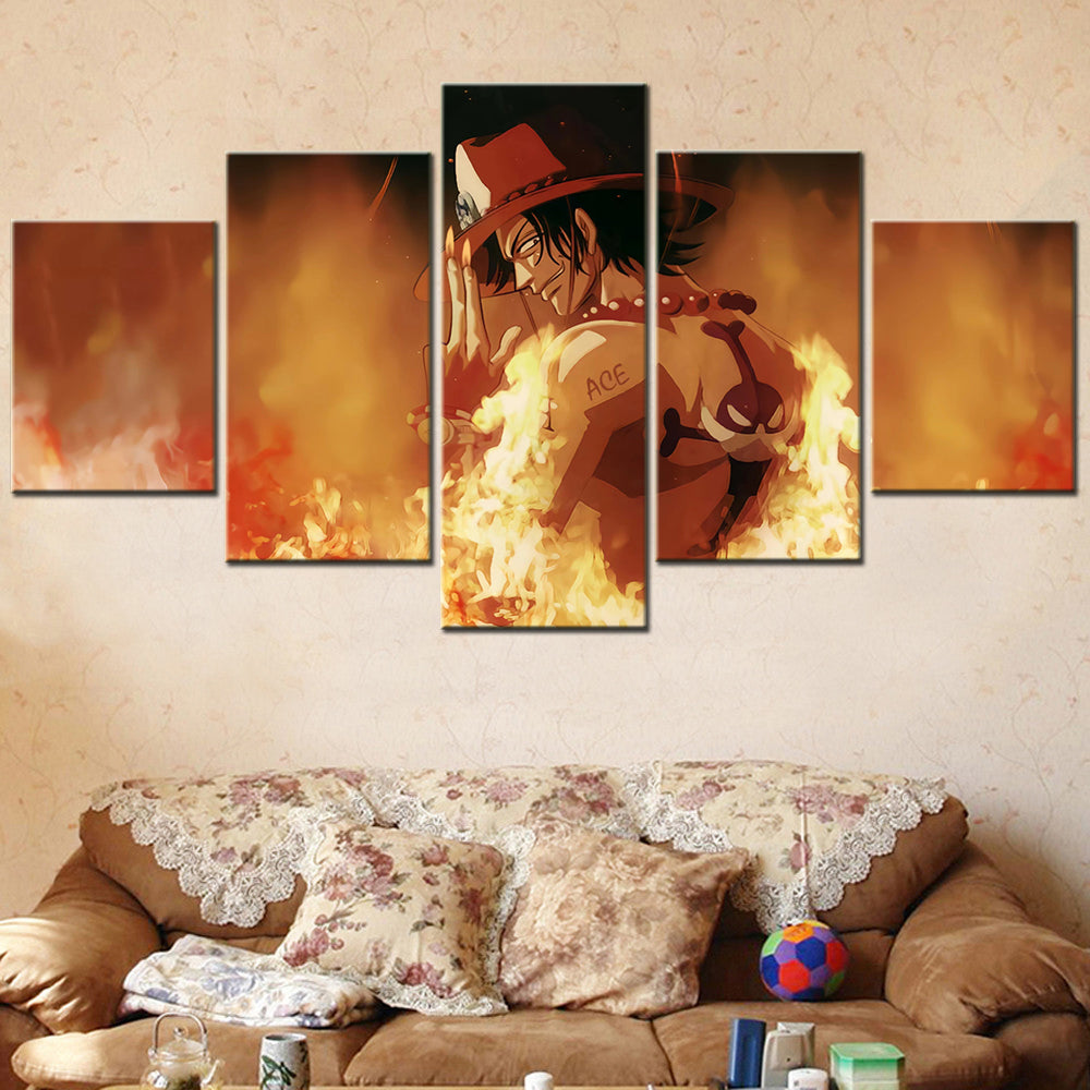 One Piece Canvas Wall Art - Fire Fist Ace 5 Piece Split Panel Anime Poster - Framed Ready to Hang Living Room & Man Cave Decor - OP5159