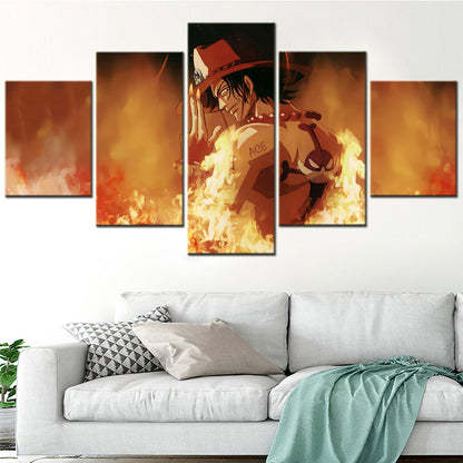 One Piece Canvas Wall Art - Fire Fist Ace 5 Piece Split Panel Anime Poster - Framed Ready to Hang Living Room & Man Cave Decor - OP5159