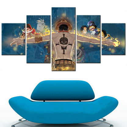 One Piece Canvas Wall Art - Fire Fist Ace 5 Piece Split Panel Anime Poster - Framed Ready to Hang Living Room & Man Cave Decor - OP5160