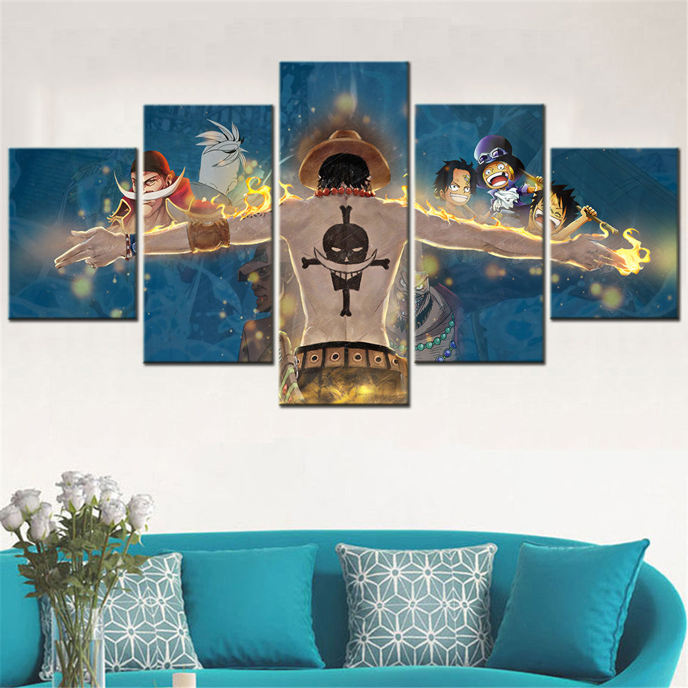 One Piece Canvas Wall Art - Fire Fist Ace 5 Piece Split Panel Anime Poster - Framed Ready to Hang Living Room & Man Cave Decor - OP5160