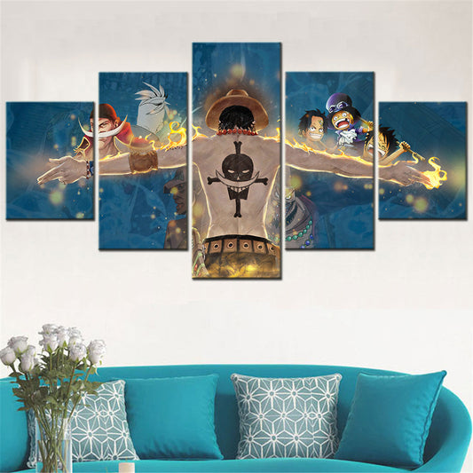 One Piece Canvas Wall Art - Fire Fist Ace 5 Piece Split Panel Anime Poster - Framed Ready to Hang Living Room & Man Cave Decor - OP5160