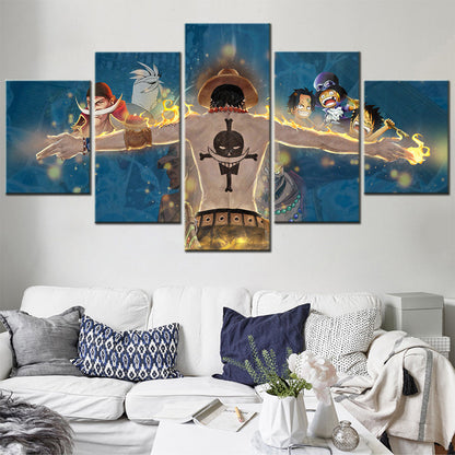 One Piece Canvas Wall Art - Fire Fist Ace 5 Piece Split Panel Anime Poster - Framed Ready to Hang Living Room & Man Cave Decor - OP5160