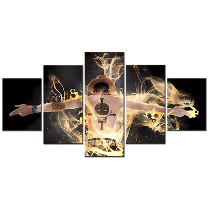 One Piece Canvas Wall Art - Fire Fist Ace 5 Piece Split Panel Anime Poster - Framed Ready to Hang Living Room & Man Cave Decor - OP5161
