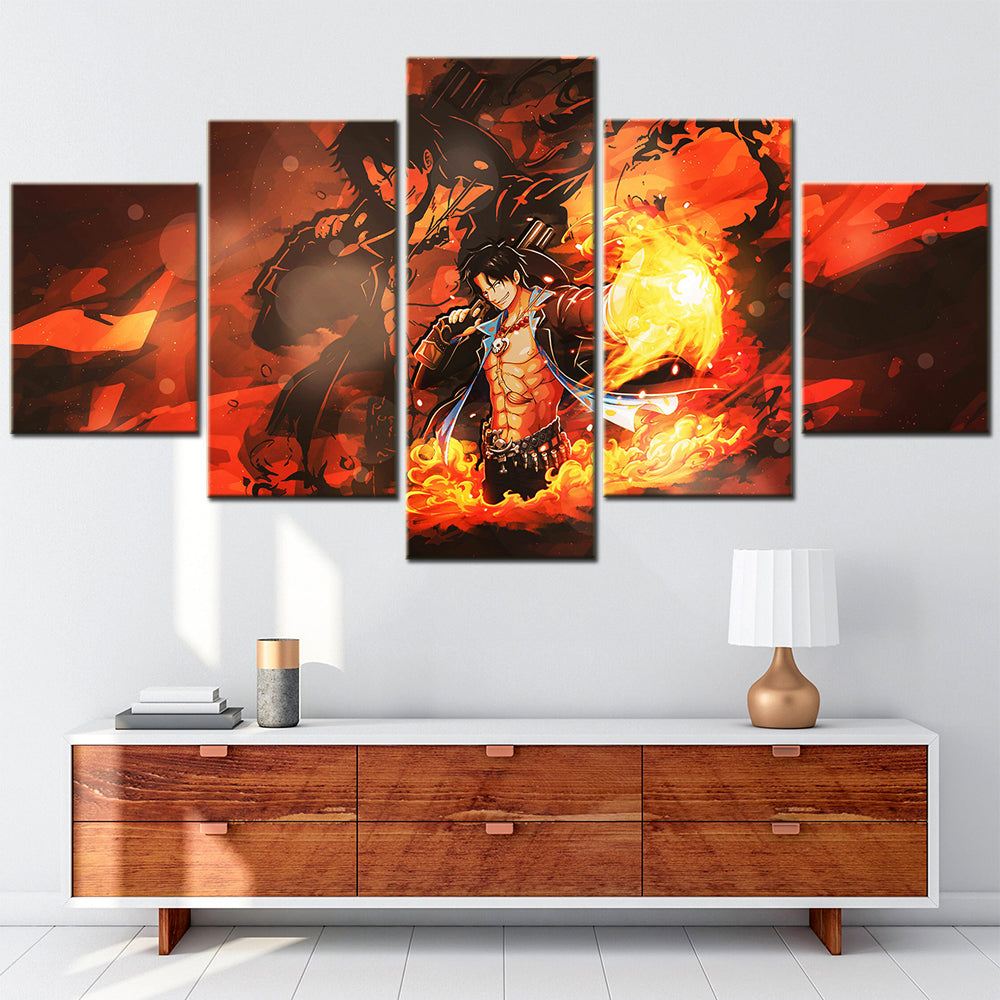 One Piece Canvas Wall Art - Fire Fist Ace 5 Piece Split Panel Anime Poster - Framed Ready to Hang Living Room & Man Cave Decor - OP5162