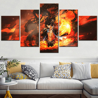 One Piece Canvas Wall Art - Fire Fist Ace 5 Piece Split Panel Anime Poster - Framed Ready to Hang Living Room & Man Cave Decor - OP5162