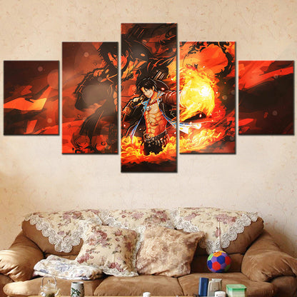 One Piece Canvas Wall Art - Fire Fist Ace 5 Piece Split Panel Anime Poster - Framed Ready to Hang Living Room & Man Cave Decor - OP5162