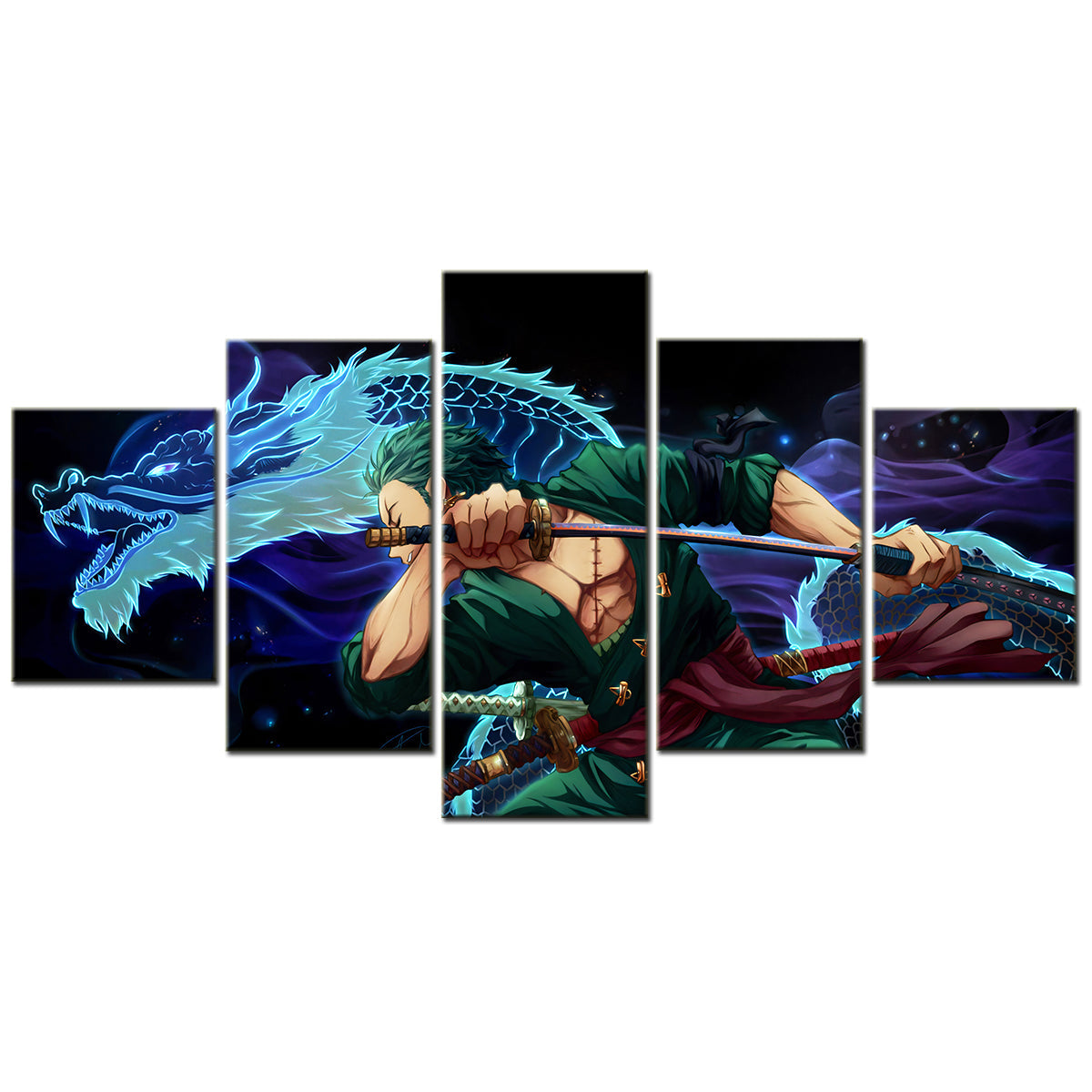 One Piece Canvas Wall Art - Roronoa Zoro Three Sword Style 5 Piece Split Panel Anime Poster - Framed Ready to Hang Living Room & Man Cave Decor - OP5163