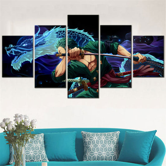 One Piece Canvas Wall Art - Roronoa Zoro Three Sword Style 5 Piece Split Panel Anime Poster - Framed Ready to Hang Living Room & Man Cave Decor - OP5163