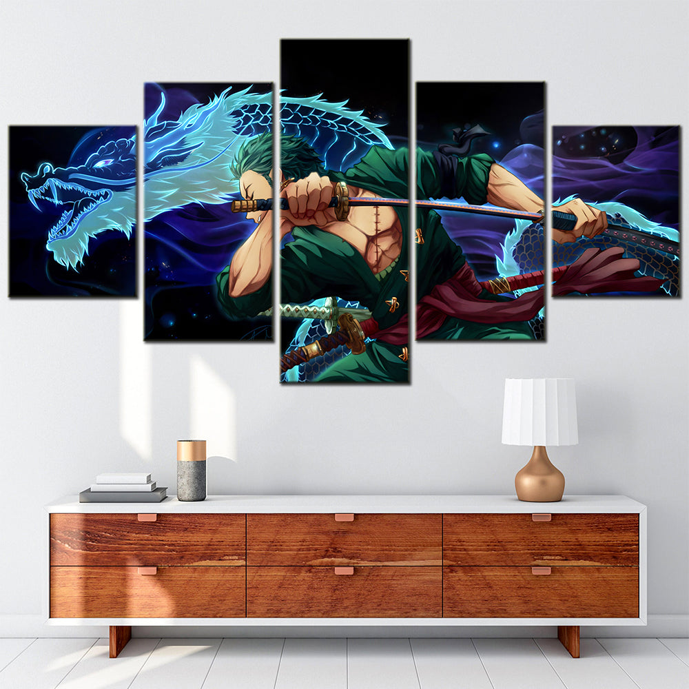 One Piece Canvas Wall Art - Roronoa Zoro Three Sword Style 5 Piece Split Panel Anime Poster - Framed Ready to Hang Living Room & Man Cave Decor - OP5163