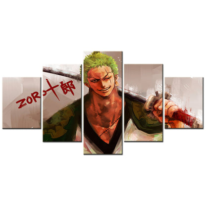 One Piece Canvas Wall Art - Roronoa Zoro Three Sword Style 5 Piece Split Panel Anime Poster - Framed Ready to Hang Living Room & Man Cave Decor - OP5164
