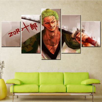 One Piece Canvas Wall Art - Roronoa Zoro Three Sword Style 5 Piece Split Panel Anime Poster - Framed Ready to Hang Living Room & Man Cave Decor - OP5164