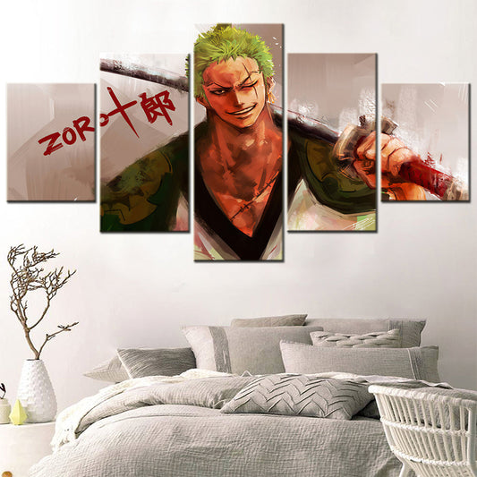 One Piece Canvas Wall Art - Roronoa Zoro Three Sword Style 5 Piece Split Panel Anime Poster - Framed Ready to Hang Living Room & Man Cave Decor - OP5164