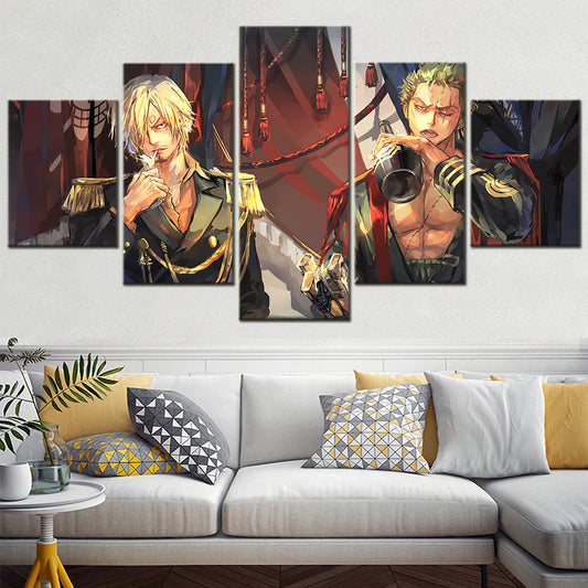 One Piece Canvas Wall Art - Roronoa Zoro Three Sword Style & Sanji 5 Piece Split Panel Anime Poster - Framed Ready to Hang Living Room & Man Cave Decor - OP5165