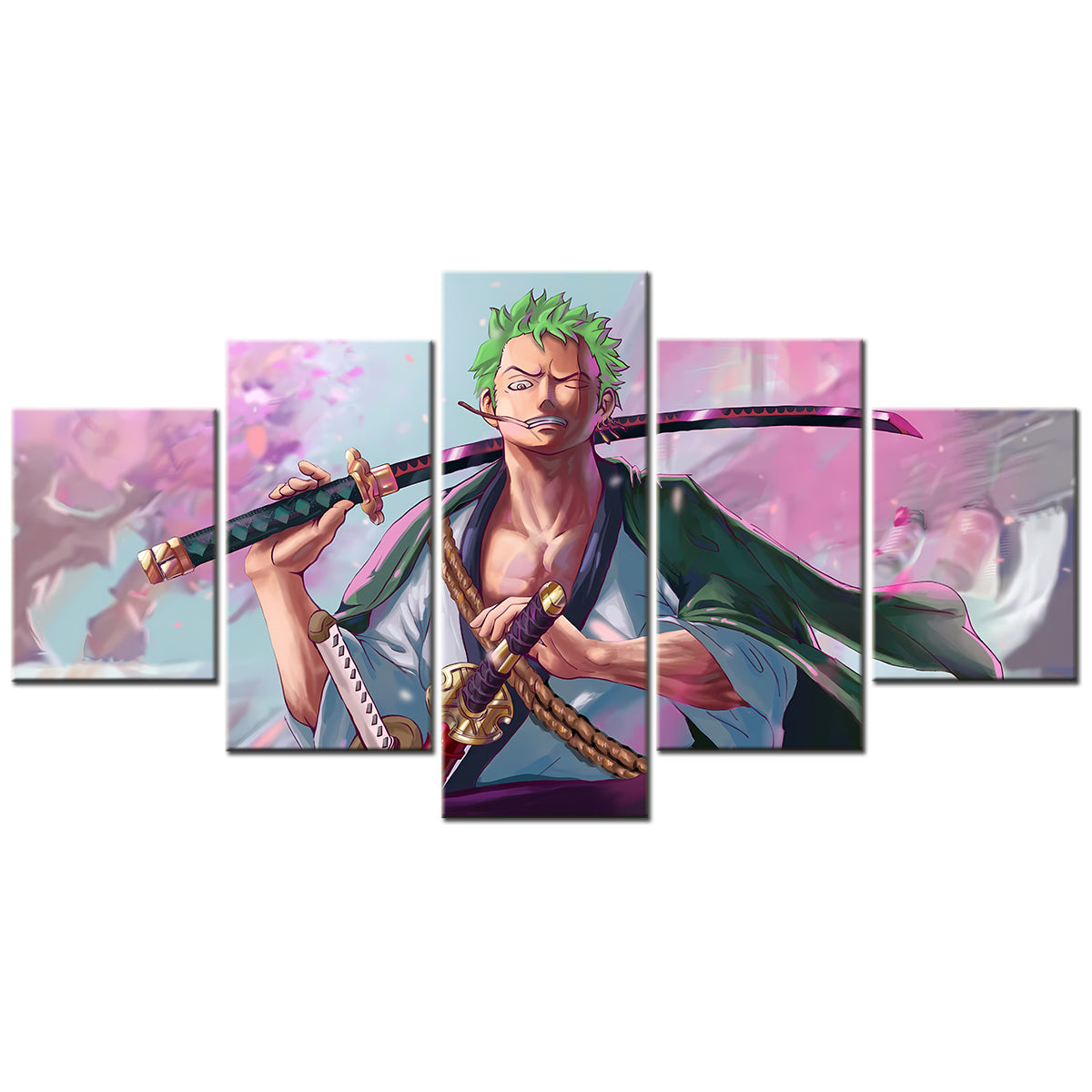 One Piece Canvas Wall Art - Roronoa Zoro Three Sword Style 5 Piece Split Panel Anime Poster - Framed Ready to Hang Living Room & Man Cave Decor - OP5166