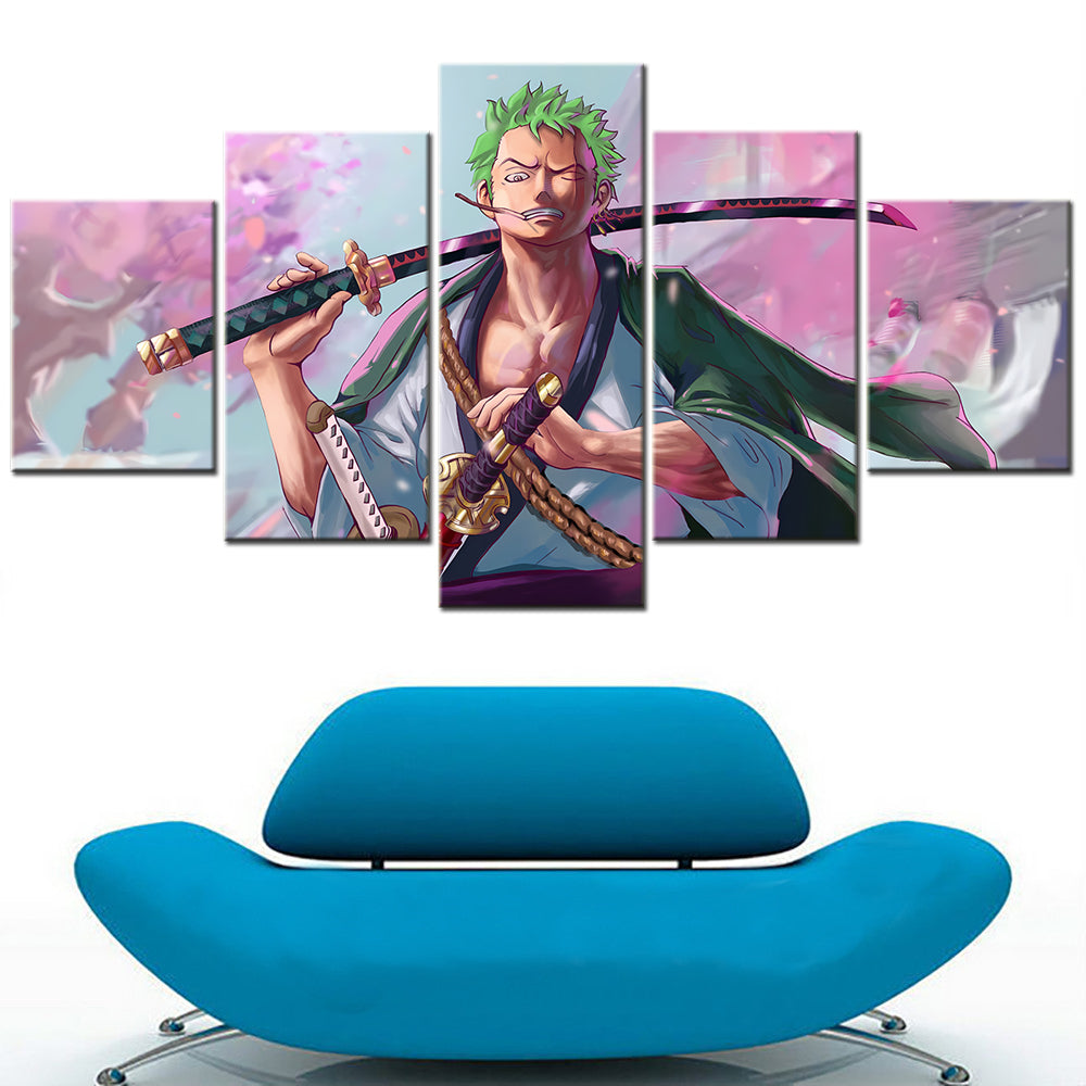 One Piece Canvas Wall Art - Roronoa Zoro Three Sword Style 5 Piece Split Panel Anime Poster - Framed Ready to Hang Living Room & Man Cave Decor - OP5166