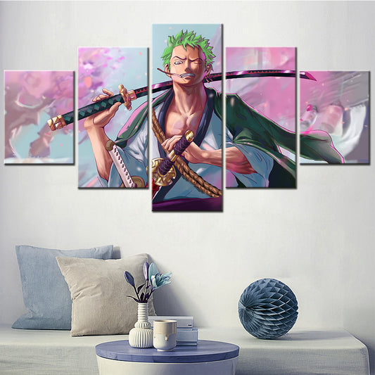 One Piece Canvas Wall Art - Roronoa Zoro Three Sword Style 5 Piece Split Panel Anime Poster - Framed Ready to Hang Living Room & Man Cave Decor - OP5166