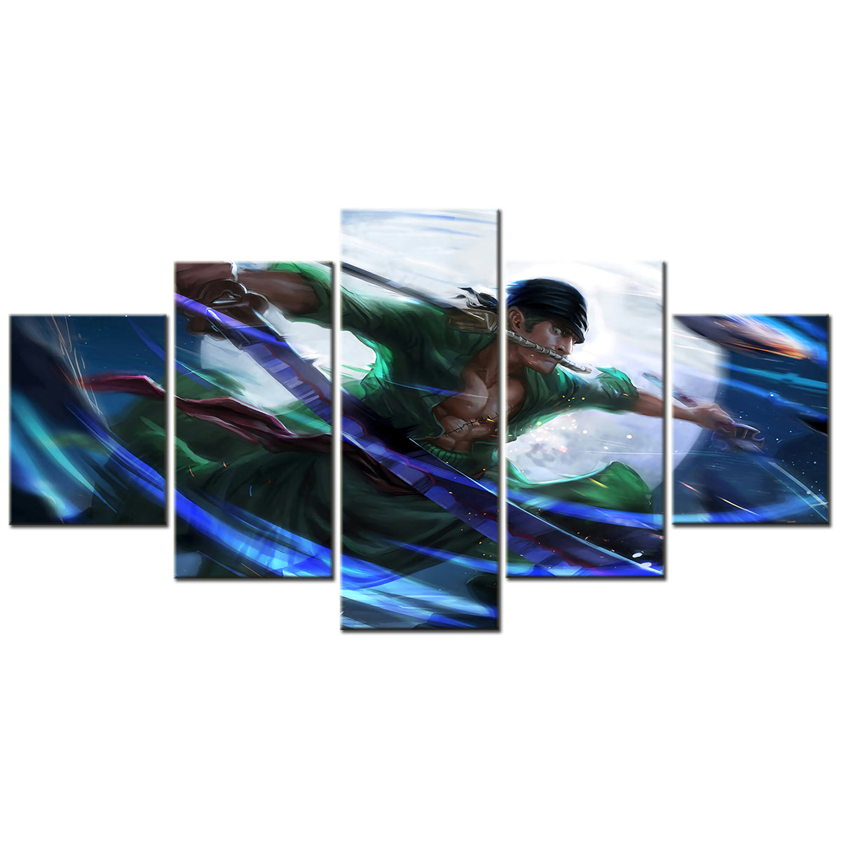 One Piece Canvas Wall Art - Roronoa Zoro Three Sword Style 5 Piece Split Panel Anime Poster - Framed Ready to Hang Living Room & Man Cave Decor - OP5167